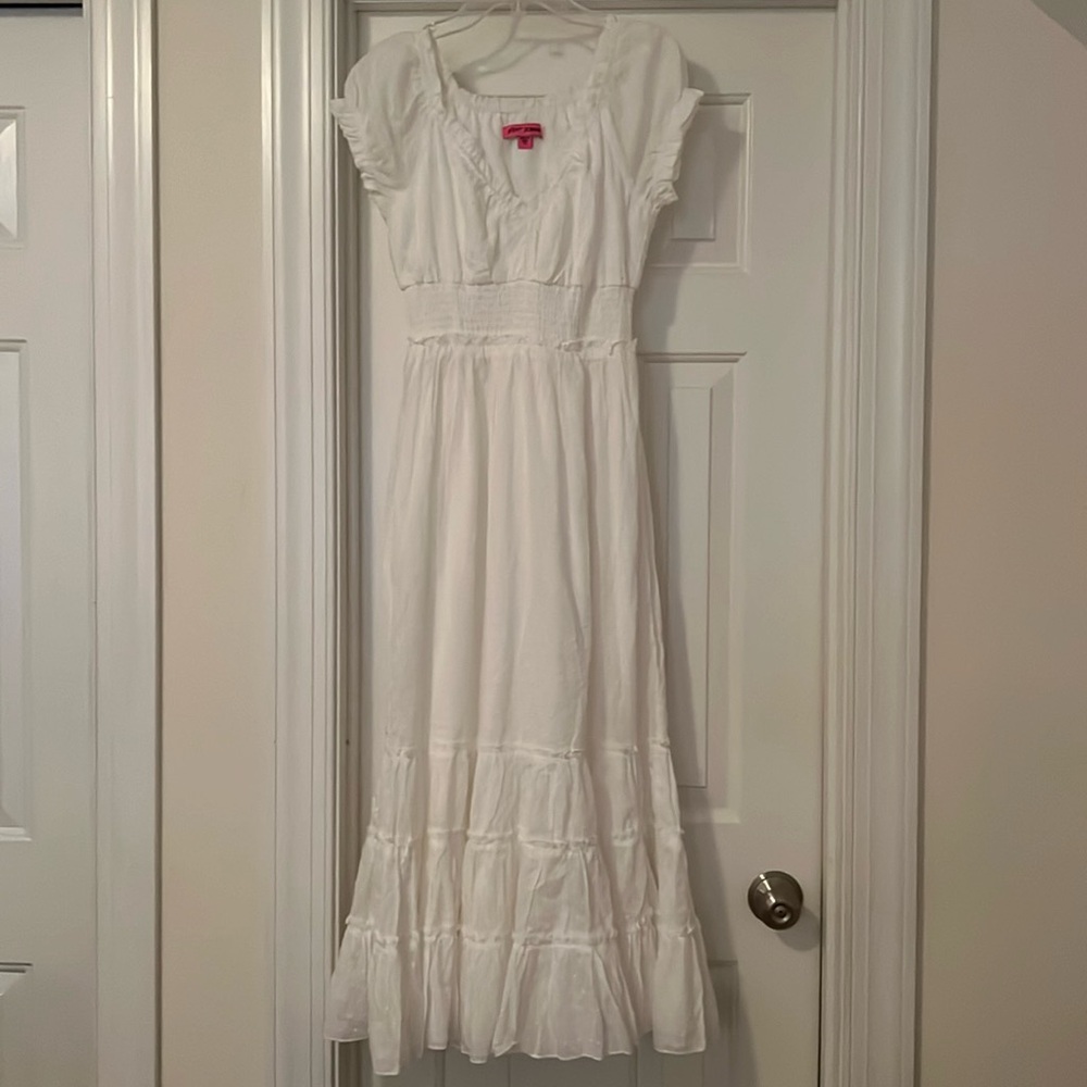 Betsey Johnson White Smocked Textured Tiered Maxi Dress XS Swiss Dotted